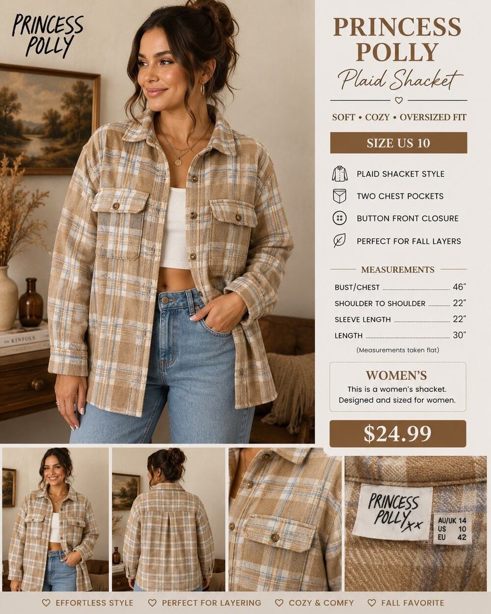 Princess Polly Women’s 10 Plaid Shacket Overshirt Tan Blue Button Front Fall